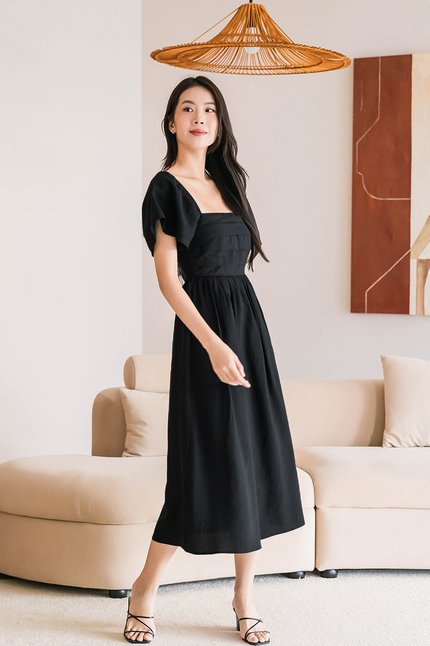 Heather Padded Flutter Sleeve Folds Midaxi Dress V2 (Black)