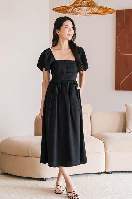 Heather Padded Flutter Sleeve Folds Midaxi Dress V2 (Black)