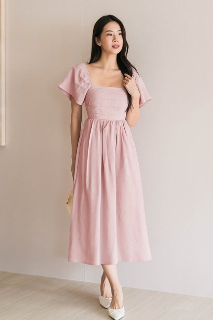 Heather Padded Flutter Sleeve Folds Midaxi Dress V2 (Petal Pink)