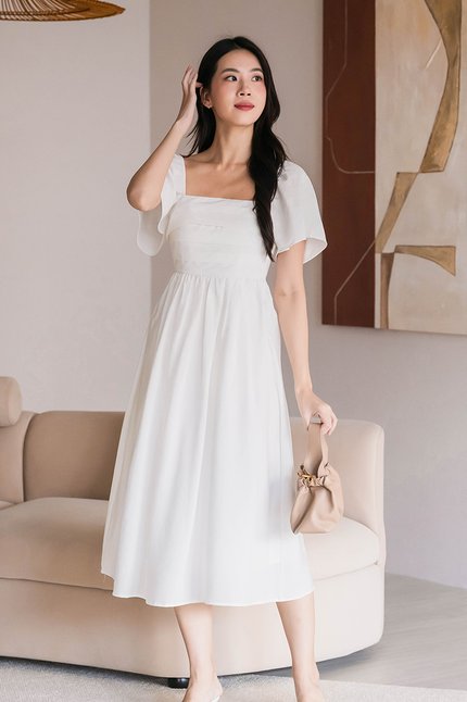 Heather Padded Flutter Sleeve Folds Midaxi Dress V2 (White)