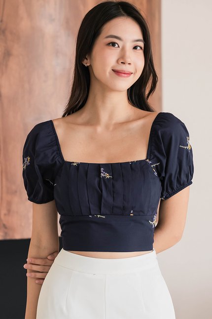 Jaycee Padded Puff Sleeve Pleat Front Top (Navy Embroidery)