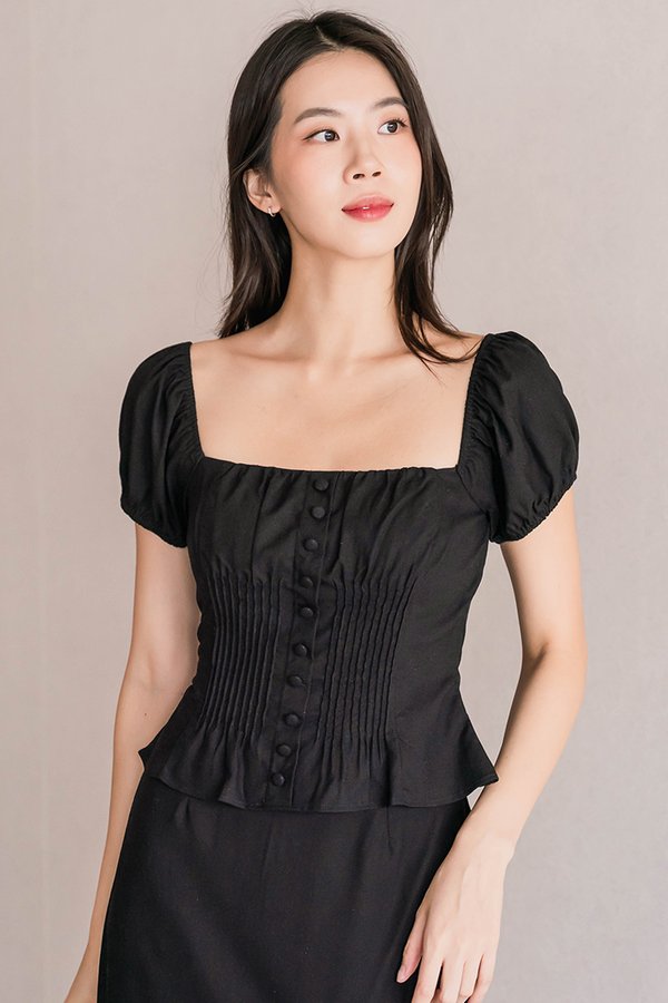 *RESTOCKED* Clover Padded Pintuck Linen Top (Black)
