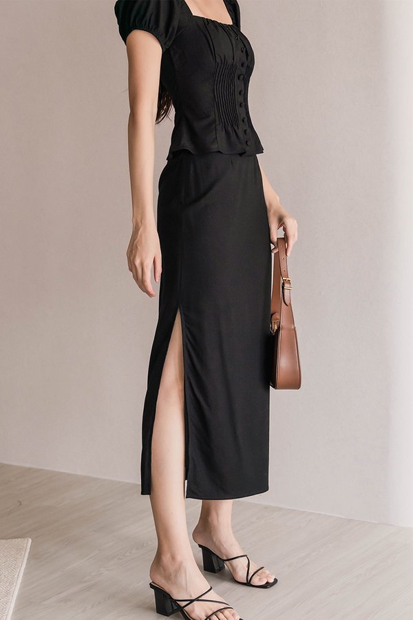 *RESTOCKED* Clover Side Slit Linen Midaxi Skirt (Black)