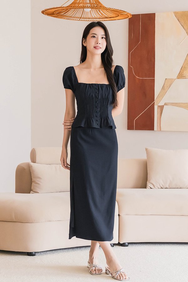 *RESTOCKED 2* Clover Side Slit Linen Midaxi Skirt (Midnight)