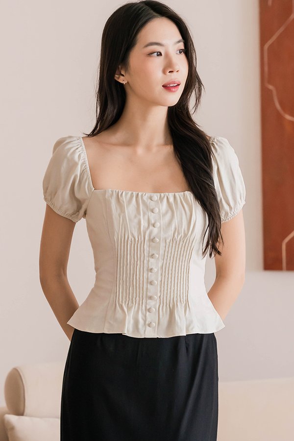 Clover Padded Pintuck Linen Top (Natural)