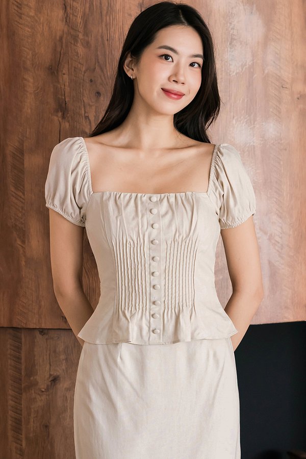 Clover Padded Pintuck Linen Top (Natural)