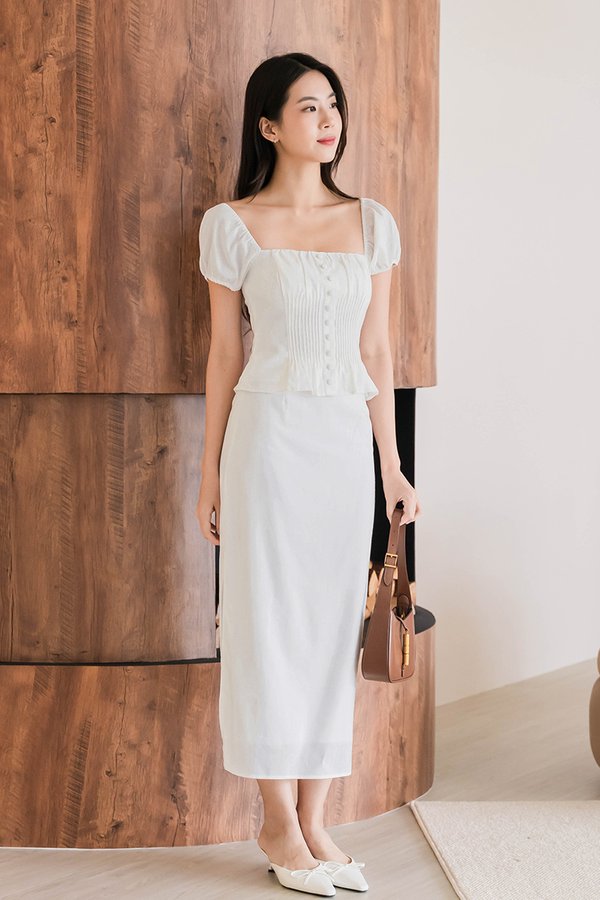 *RESTOCKED 2* Clover Side Slit Linen Midaxi Skirt (White)