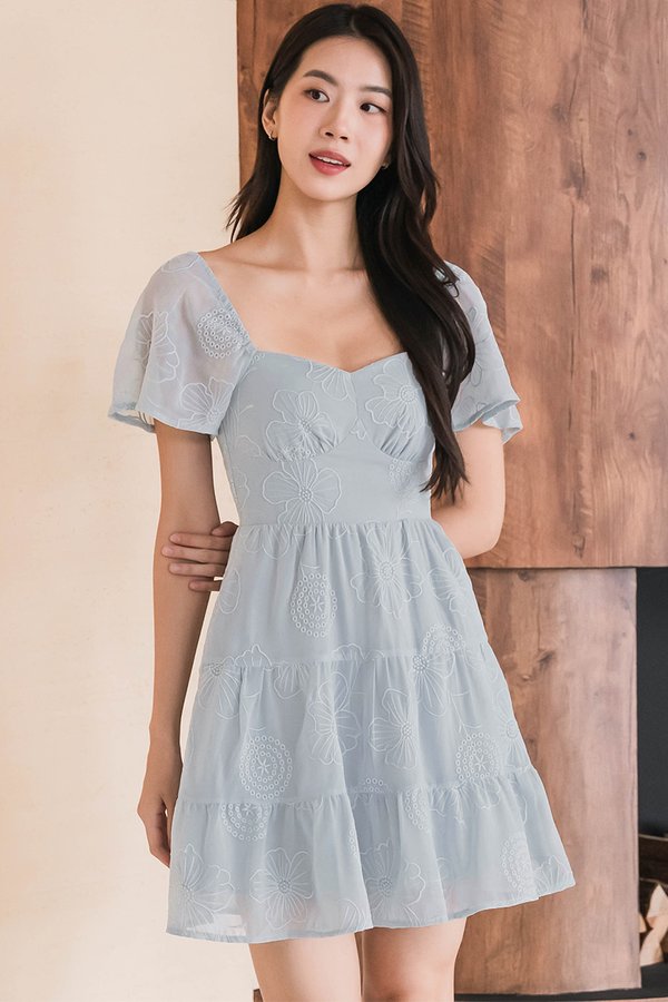 Darley Padded Flutter Sleeve Embroidery Dress (Misty Blue)