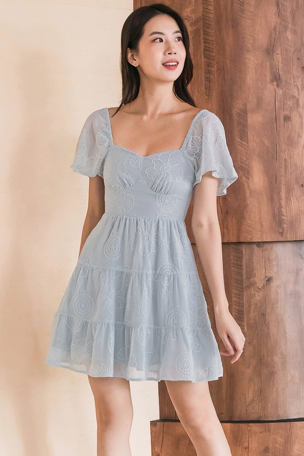 Darley Padded Flutter Sleeve Embroidery Dress (Misty Blue)