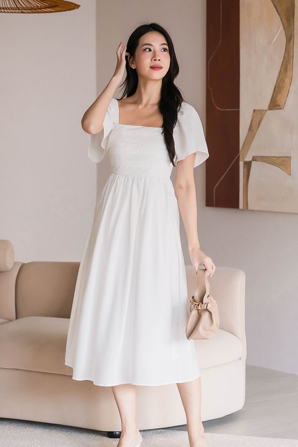 Heather Padded Flutter Sleeve Folds Midaxi Dress V2 (White)