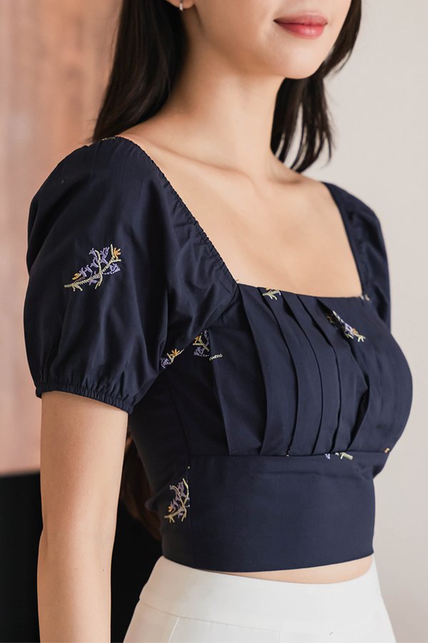 Jaycee Padded Puff Sleeve Pleat Front Top (Navy Embroidery)
