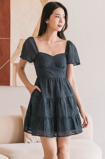 Darley Padded Flutter Sleeve Embroidery Dress (Teal)