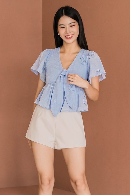 Jayley Tie-Front Peplum Top (Cornflower Blue Embroidery)