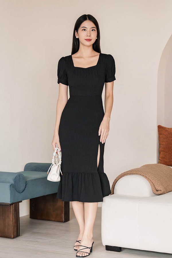 Belle Puff Sleeve Midi Dress (Black) V2
