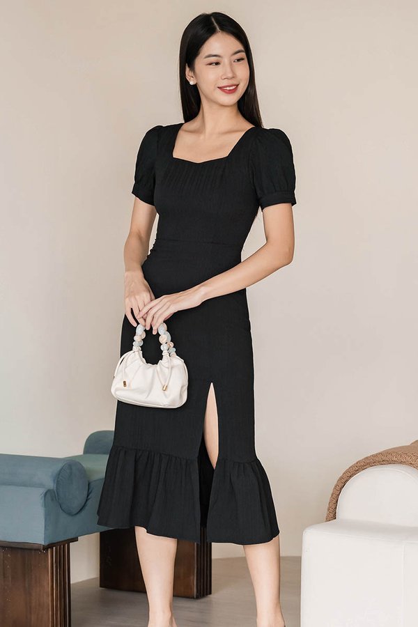 Belle Puff Sleeve Midi Dress (Black) V2