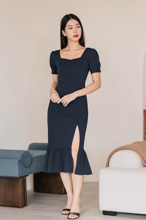 Belle Puff Sleeve Midi Dress (Midnight) V2