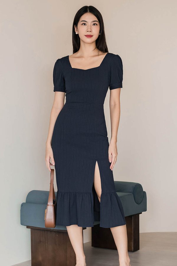 Belle Puff Sleeve Midi Dress (Midnight) V2