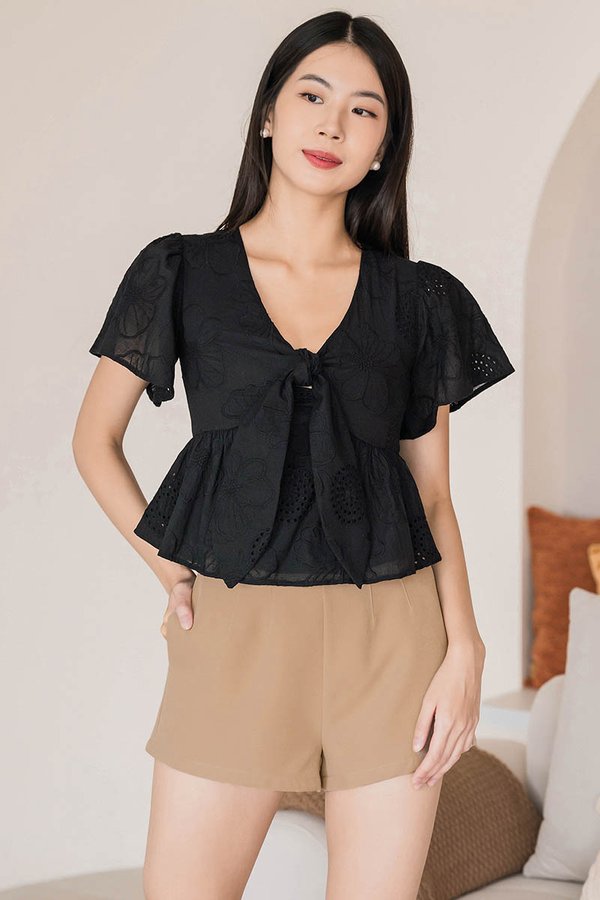 Jayley Tie-Front Peplum Top (Black Embroidery)