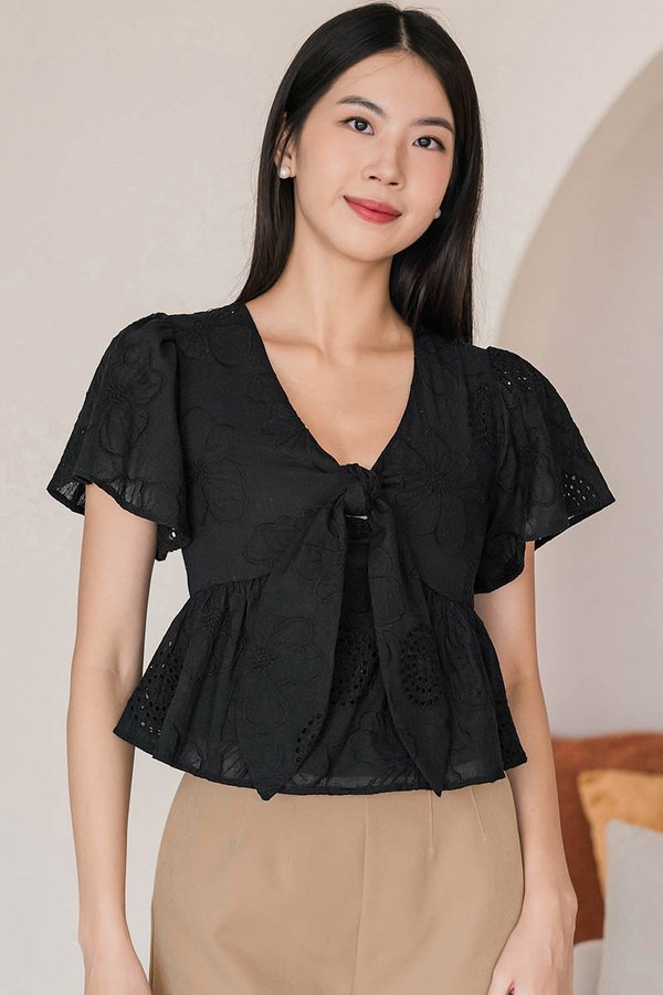 Jayley Tie-Front Peplum Top (Black Embroidery)