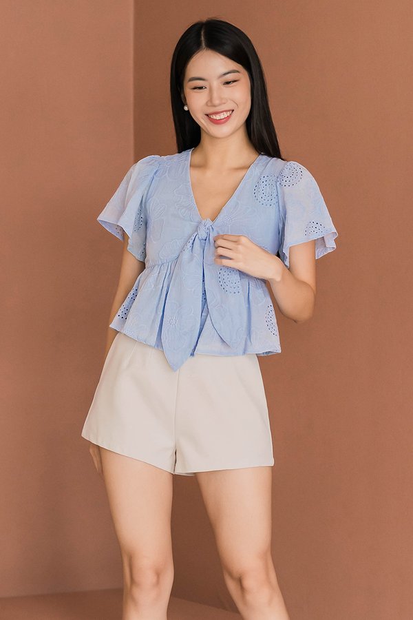 Jayley Tie-Front Peplum Top (Cornflower Blue Embroidery)