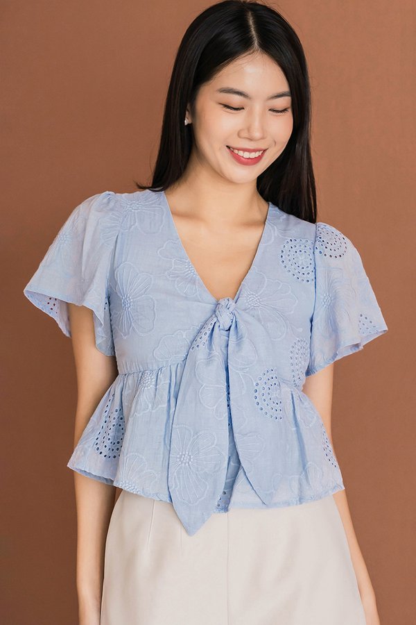 Jayley Tie-Front Peplum Top (Cornflower Blue Embroidery)