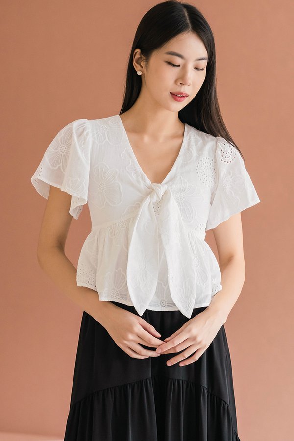 Jayley Tie-Front Peplum Top (White Embroidery)