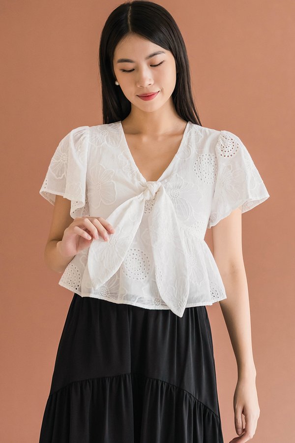 Jayley Tie-Front Peplum Top (White Embroidery)