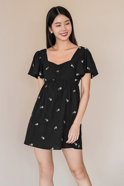 Angela Flutter Sleeve Babydoll Romper Dress V2 (Black Embroidery)