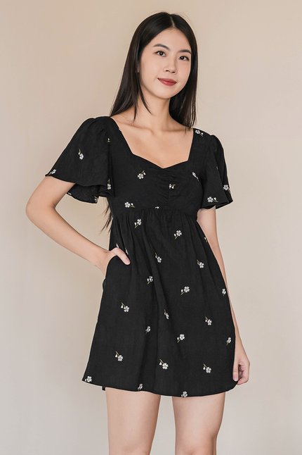 Angela Flutter Sleeve Babydoll Romper Dress V2 (Black Embroidery)