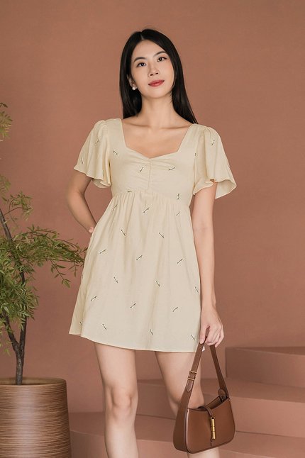 Angela Flutter Sleeve Babydoll Romper Dress V2 (Cream Embroidery)