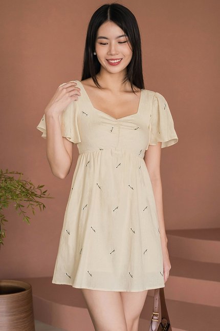 Angela Flutter Sleeve Babydoll Romper Dress V2 (Cream Embroidery)