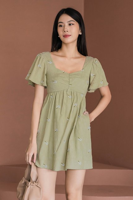 Angela Flutter Sleeve Babydoll Romper Dress V2 (Matcha Embroidery)