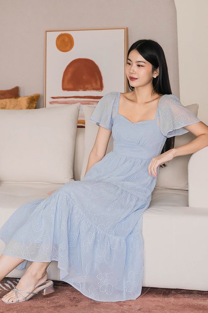 Darlene Padded Flutter Sleeve Embroidery Midi Dress V2 (Icy Blue)