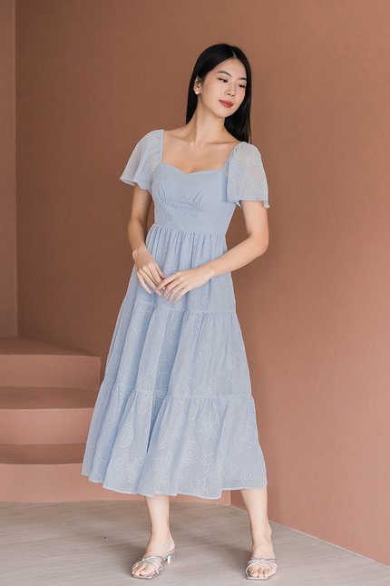 Darlene Padded Flutter Sleeve Embroidery Midi Dress V2 (Icy Blue)
