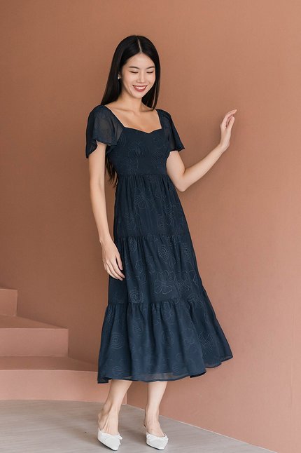 Darlene Padded Flutter Sleeve Embroidery Midi Dress V2 (Midnight)