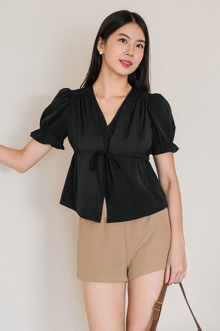 Debbie Puff Sleeve Drawstring Top (Black)