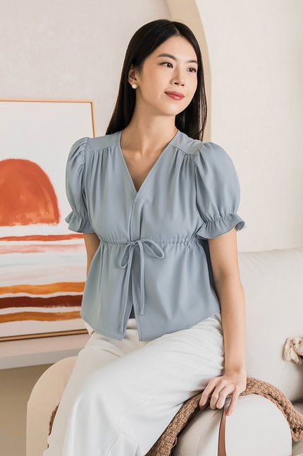 Debbie Puff Sleeve Drawstring Top (Slate Blue)