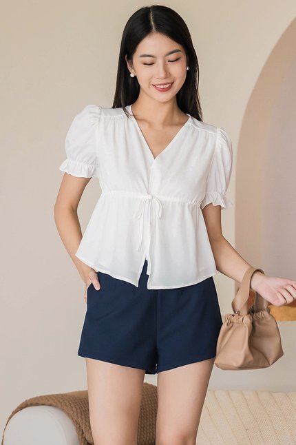 Debbie Puff Sleeve Drawstring Top (White)