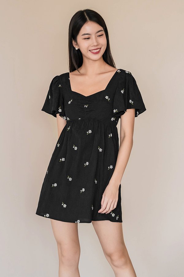 Angela Flutter Sleeve Babydoll Romper Dress V2 (Black Embroidery)