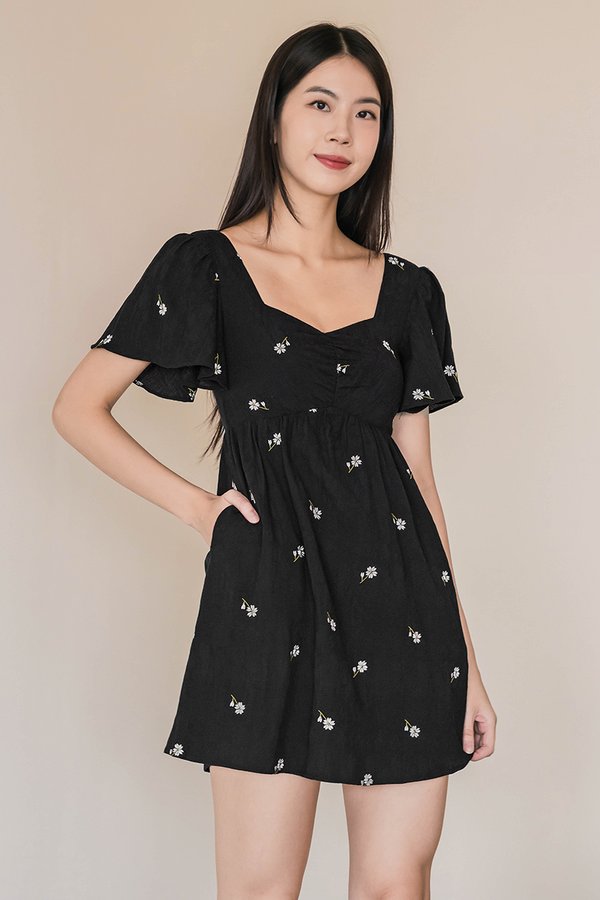Angela Flutter Sleeve Babydoll Romper Dress V2 (Black Embroidery)