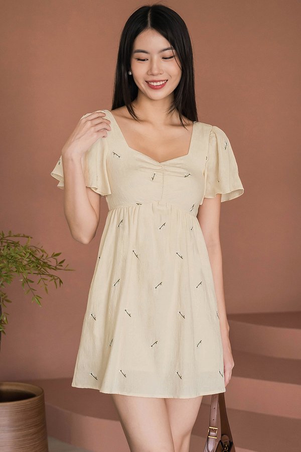 Angela Flutter Sleeve Babydoll Romper Dress V2 (Cream Embroidery)