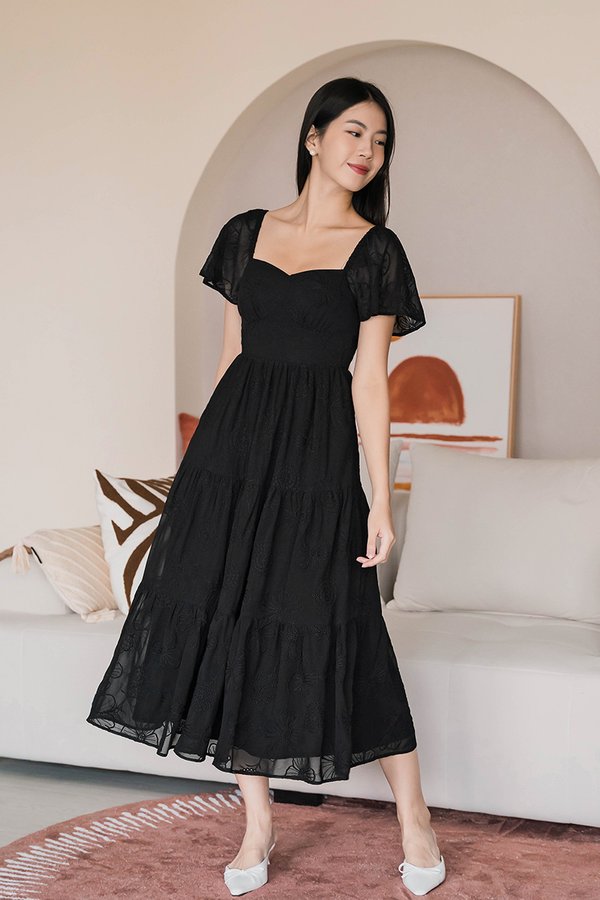 *RESTOCKED* Darlene Padded Flutter Sleeve Embroidery Midi Dress V2 (Black)