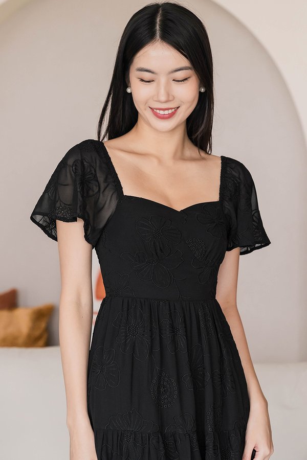 *RESTOCKED* Darlene Padded Flutter Sleeve Embroidery Midi Dress V2 (Black)