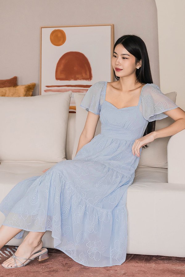*RESTOCKED* Darlene Padded Flutter Sleeve Embroidery Midi Dress V2 (Icy Blue)