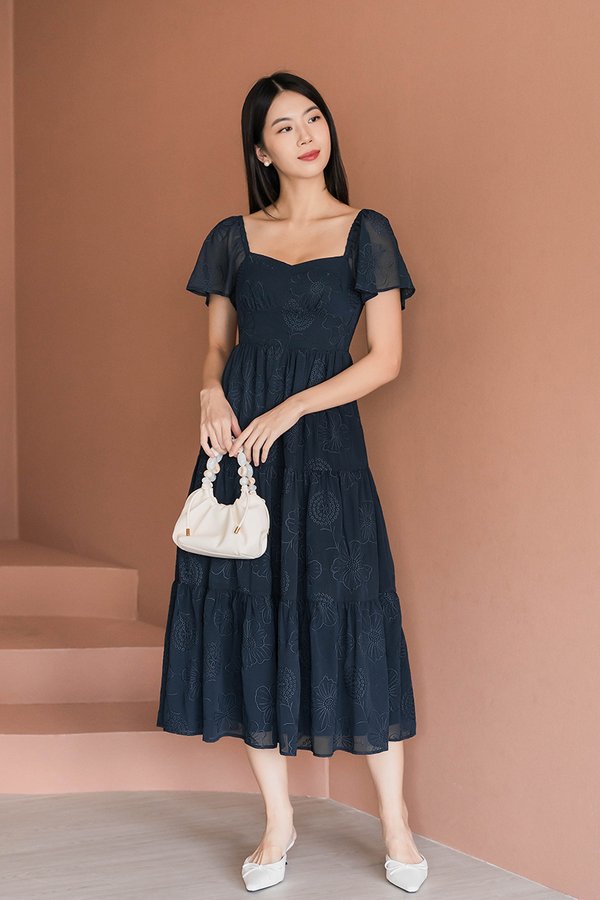 *RESTOCKED* Darlene Padded Flutter Sleeve Embroidery Midi Dress V2 (Midnight)