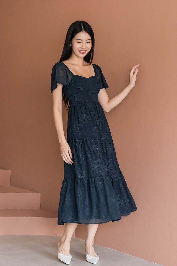 *RESTOCKED* Darlene Padded Flutter Sleeve Embroidery Midi Dress V2 (Midnight)