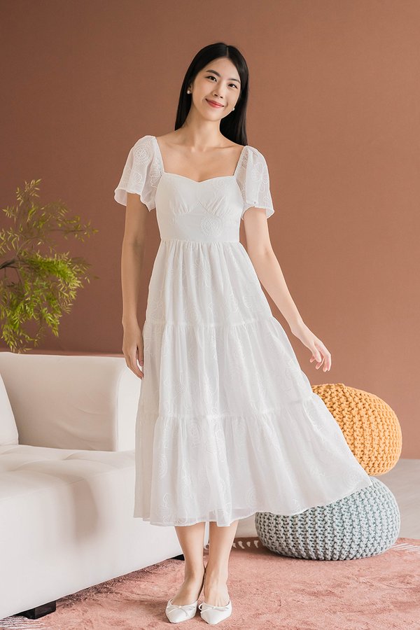 Darlene Padded Flutter Sleeve Embroidery Midi Dress V2 (White)