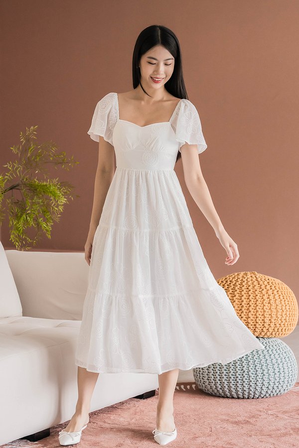 Darlene Padded Flutter Sleeve Embroidery Midi Dress V2 (White)