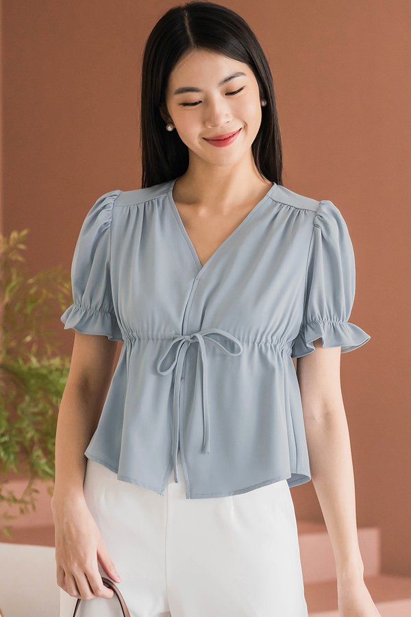 Debbie Puff Sleeve Drawstring Top (Slate Blue)