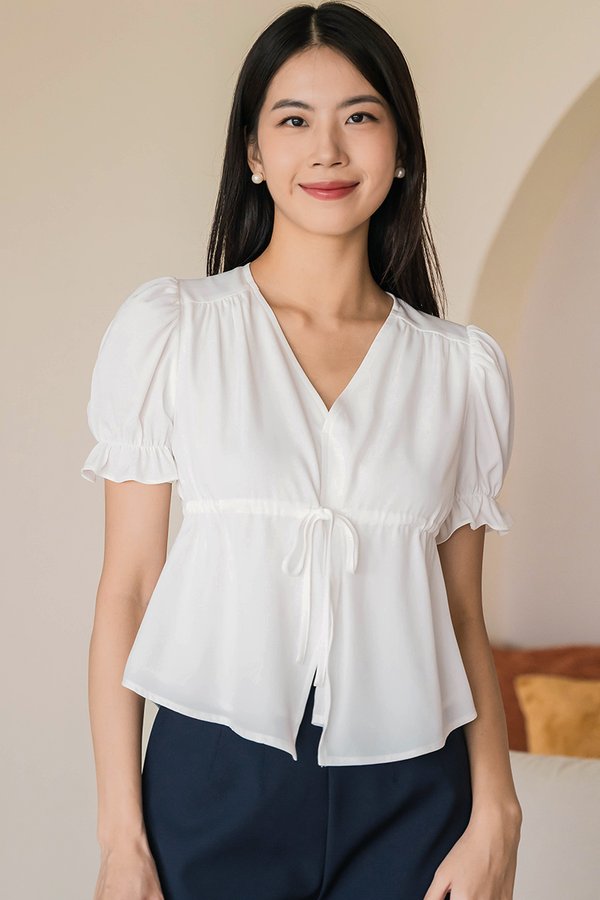 Debbie Puff Sleeve Drawstring Top (White)